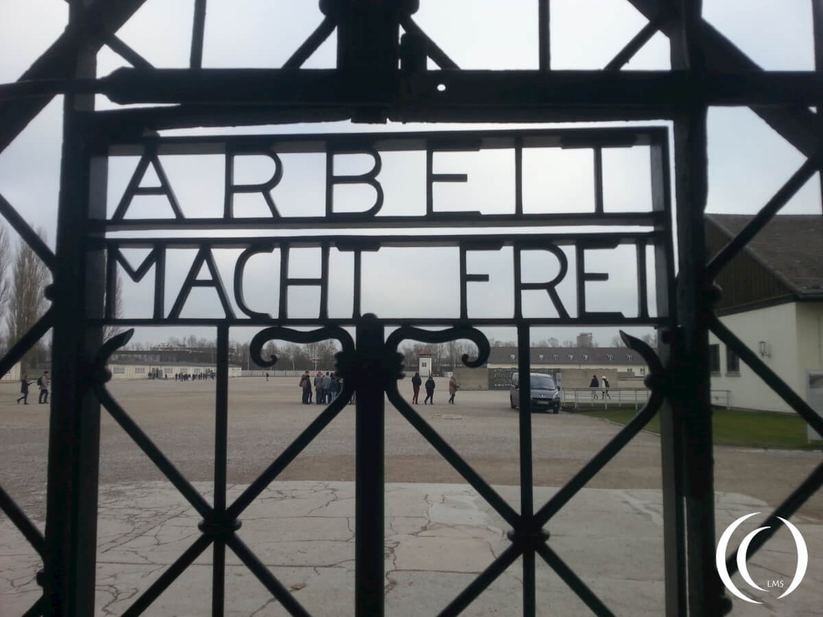 Dachau, with the infamous writings on the entrance gate