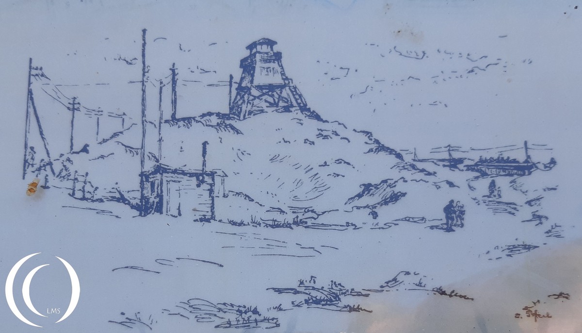 Drawing of the old Fire Post in the Oksbol Camp - photo taken at cemetery info room