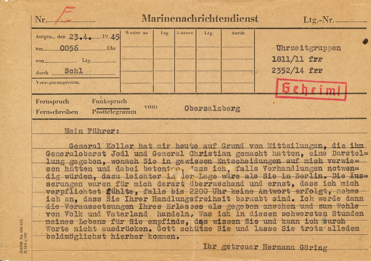 Telegram Hermann Goering to Hitler
